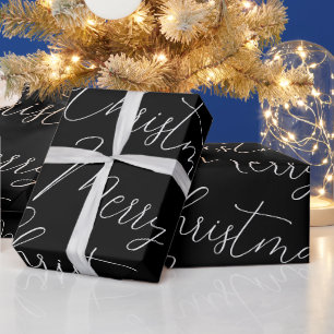 Merry Christmas white handwritten text, black  Wrapping Paper