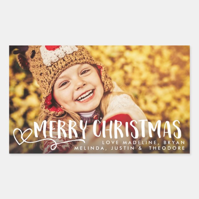 Merry Christmas White Holiday Photo Overlay Rectangular Sticker (Front)