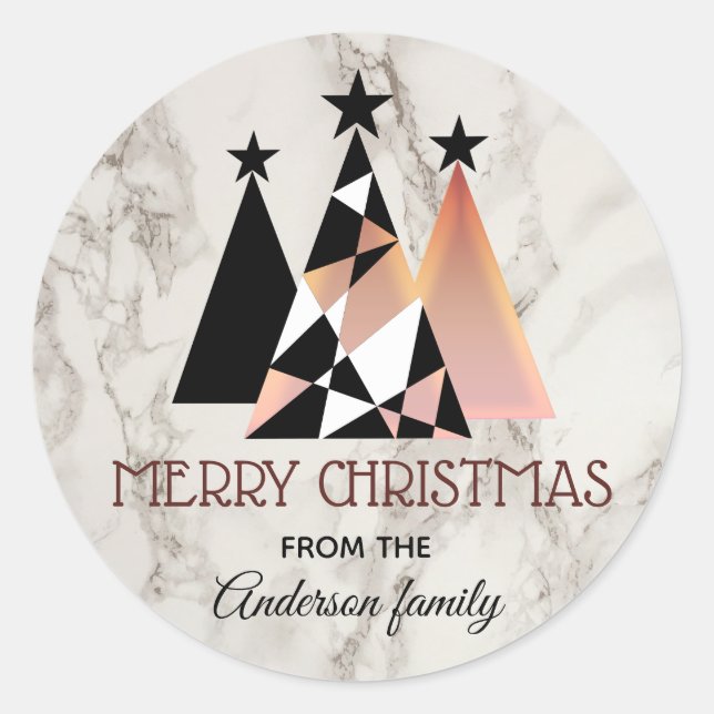 Merry Christmas White Marble and Rose Gold Classic Round Sticker (Front)