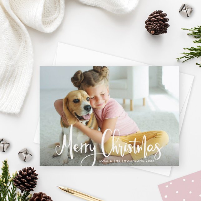 Merry Christmas White Modern Brushed Script Photo Holiday Card (Creator Uploaded)