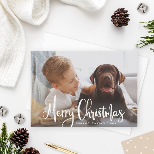 Merry Christmas White Modern Brushed Script Photo Holiday Card (Creator Uploaded)