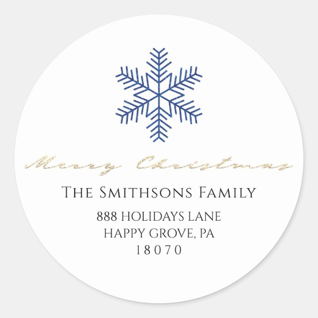 Merry Christmas White Navy Gold RSVP Snowflakes Classic Round Sticker (Front)