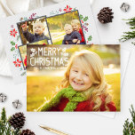 Merry Christmas White Overlay Photo Collage Holiday Card<br><div class="desc">Classic woodland style holiday photo card features a two-sided design with four (4) photos, "Merry Christmas" white overlay with custom text, and illustrations of Christmas holly leaves, berries, poinsettias, pine tree branches, and acorns that frame the photos displayed on the back of the card. The background has a subtle light...</div>