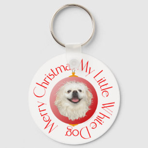Merry Christmas White Pekingese Key Ring