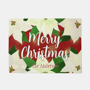 Merry Christmas White Poinsettia Doormat