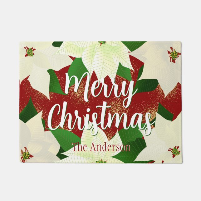 Merry Christmas White Poinsettia Doormat (Front)
