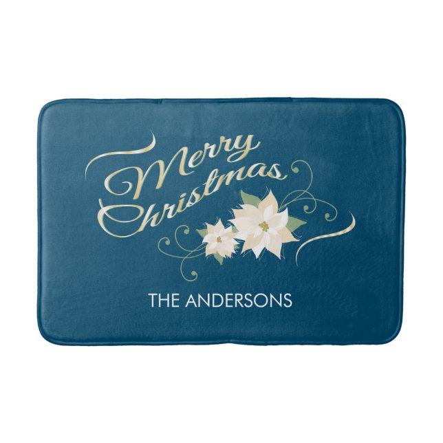 Merry Christmas, White Poinsettia, Personalised Bath Mat (Front)