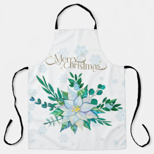 Merry Christmas White Poinsettia Snowflakes Apron