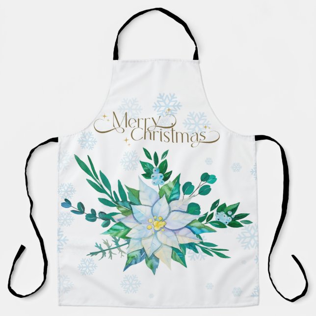 Merry Christmas White Poinsettia Snowflakes Apron (Front)