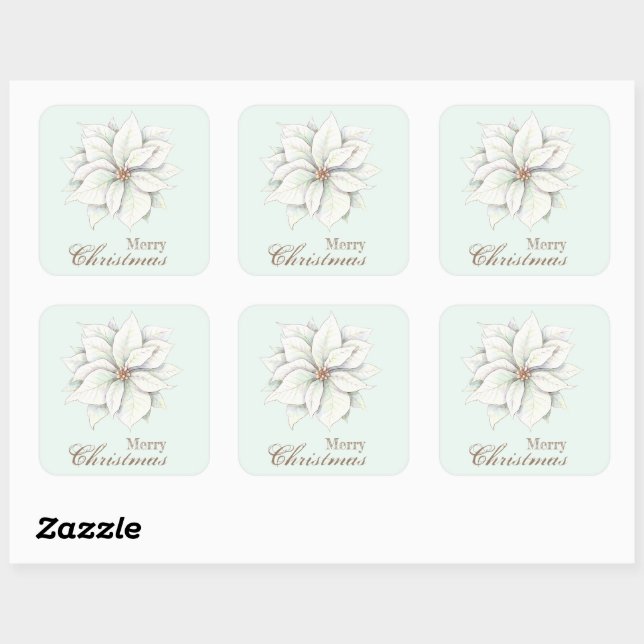 Merry Christmas White Poinsettia Square Sticker (Sheet)