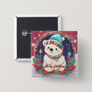 Merry Christmas White Polar Bear  15 Cm Square Badge