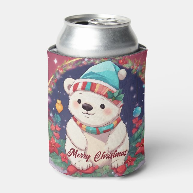 Merry Christmas White Polar Bear  Can Cooler (Can Front)