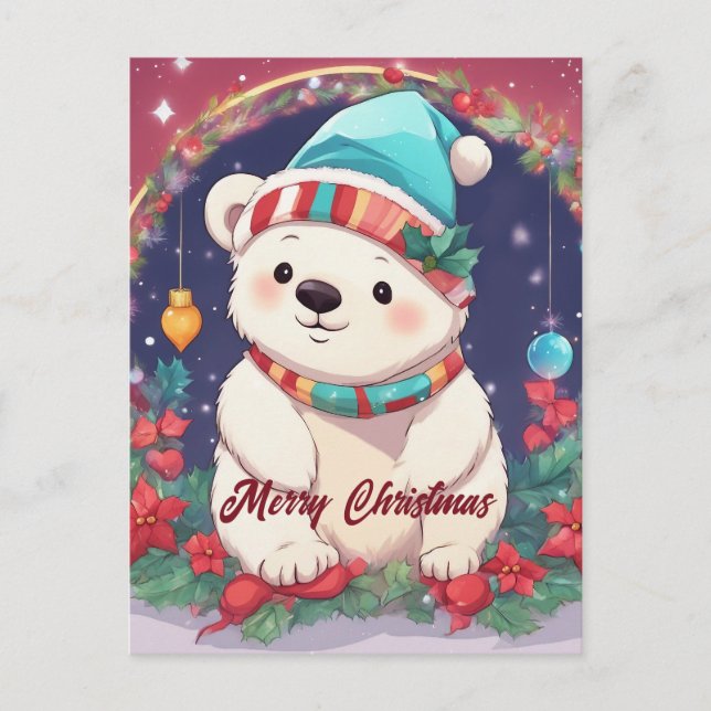 Merry Christmas White Polar Bear  Postcard (Front)