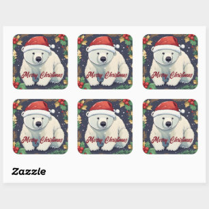 Merry Christmas White Polar Bear Square Sticker