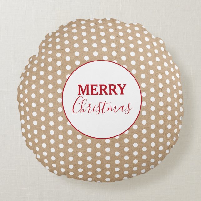 Merry Christmas White Polka Dots Kraft Rustic  Round Cushion (Front)