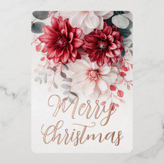 Merry Christmas White & Red Flowers Foil Holiday Card