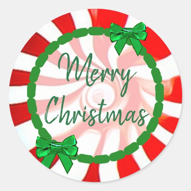 Merry Christmas White, Red Green Peppermint Candy Classic Round Sticker (Front)