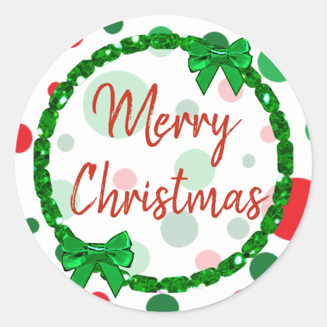 Merry Christmas White, Red Green Polka Dots Classic Round Sticker (Front)