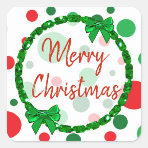 Merry Christmas White, Red Green Polka Dots Square Sticker