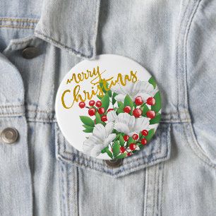 Merry Christmas White Red Green Watercolor Floral 10 Cm Round Badge