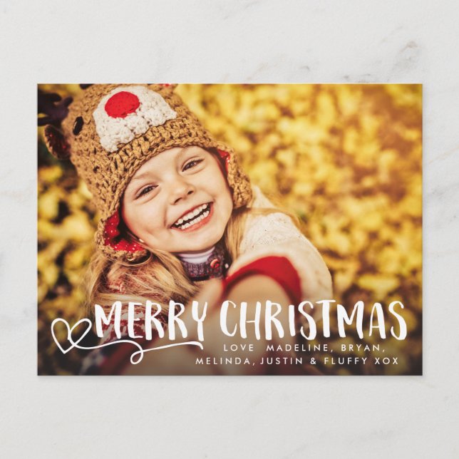 Merry Christmas White Script Holiday Photo Overlay Postcard (Front)