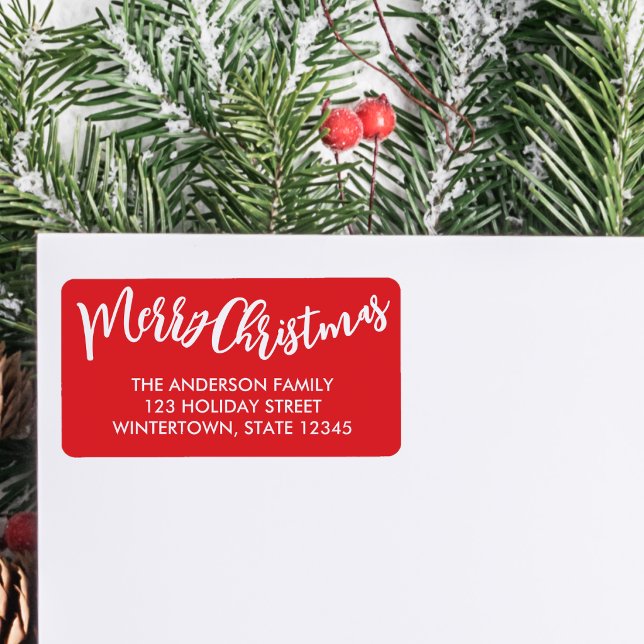 Merry Christmas White Script Red Return Address Label (Creator Uploaded)