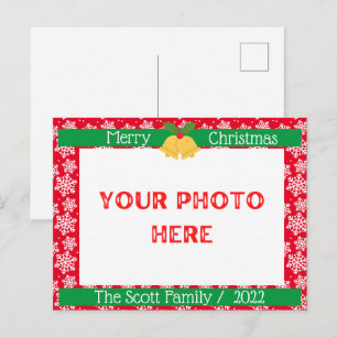 Merry Christmas White snow Family Photo Red Postcard