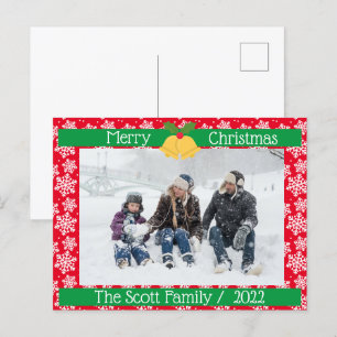 Merry Christmas White snow Family Photo Red Postcard