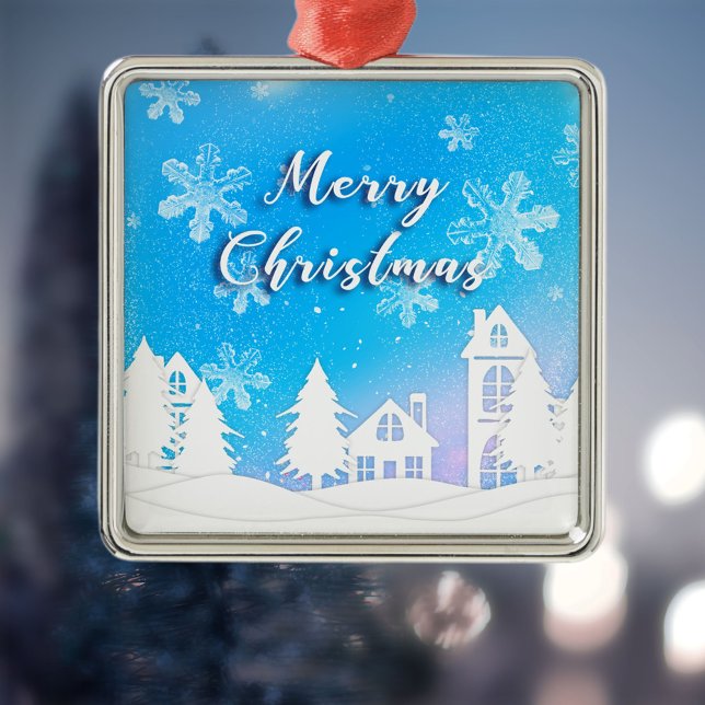 Merry Christmas White Snow House Blue Metal Tree Decoration (Creator Uploaded)