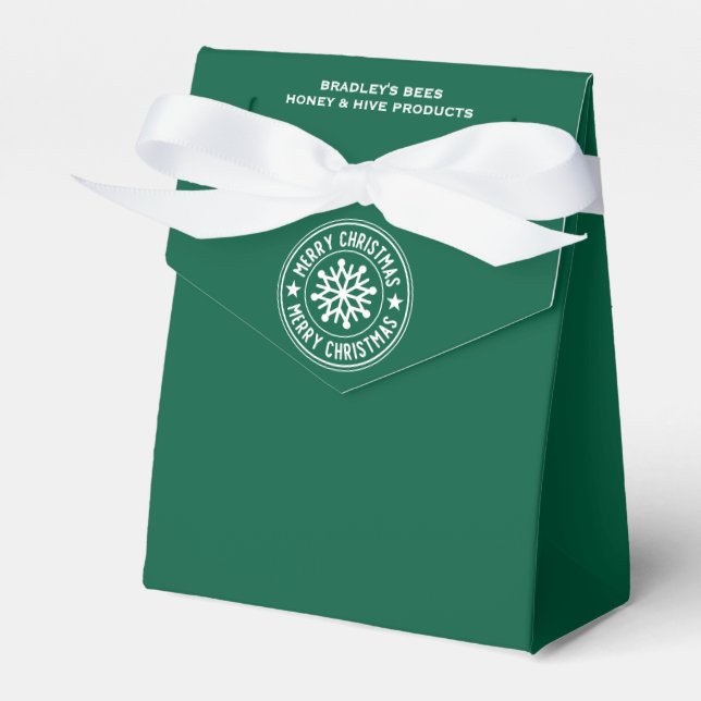 Merry Christmas White Snowflake on Green Apiary  Favour Box (Front Side)