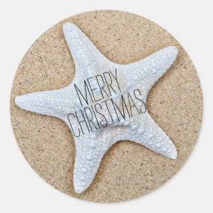 Merry Christmas White Starfish at the Beach Classic Round Sticker