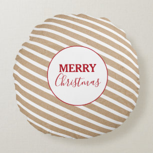 Merry Christmas White Stripes Kraft Rustic Round Cushion