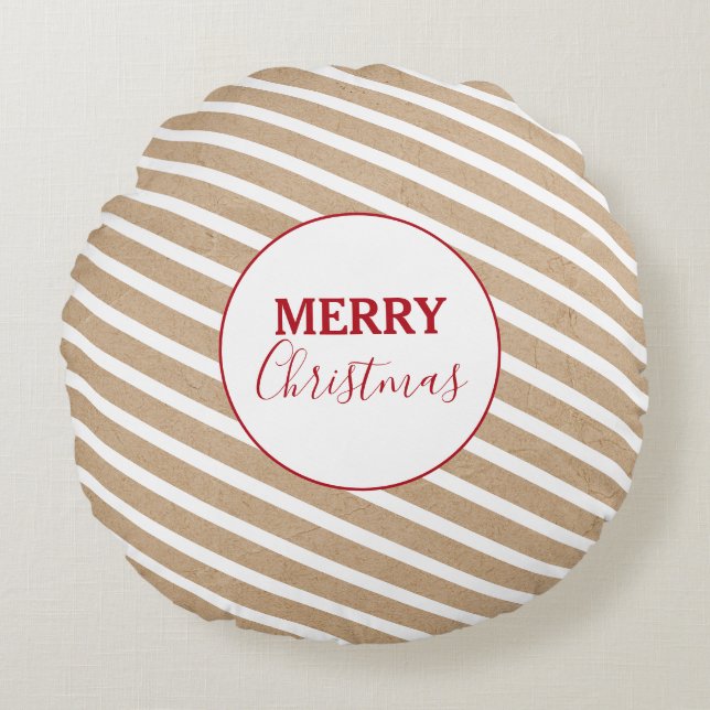 Merry Christmas White Stripes Kraft Rustic Round Cushion (Front)