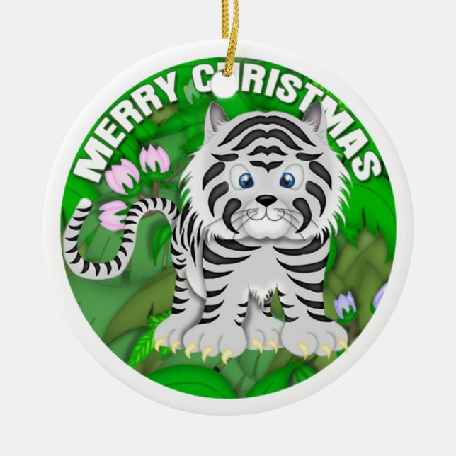 Merry Christmas White Tiger Ceramic Tree Decoration (Front)
