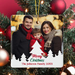 Merry Christmas White Trees Family Photo Custom Ceramic Ornament<br><div class="desc">This chic,  modern family photo double sided Christmas ornament features your annual holiday photograph framed by a bottom border of white Christmas trees silhouette. Personalise with red and green script for a beautiful minimalist photograph Christmas gift with a 2nd photograph on the back.</div>