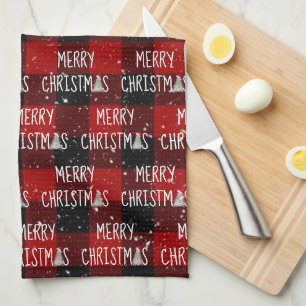 Merry Christmas White Trees On Buffalo Plaid Tea Towel
