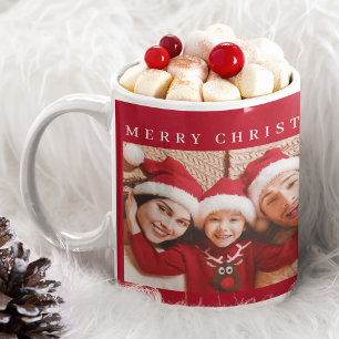 Merry Christmas white typography custom photos red Coffee Mug