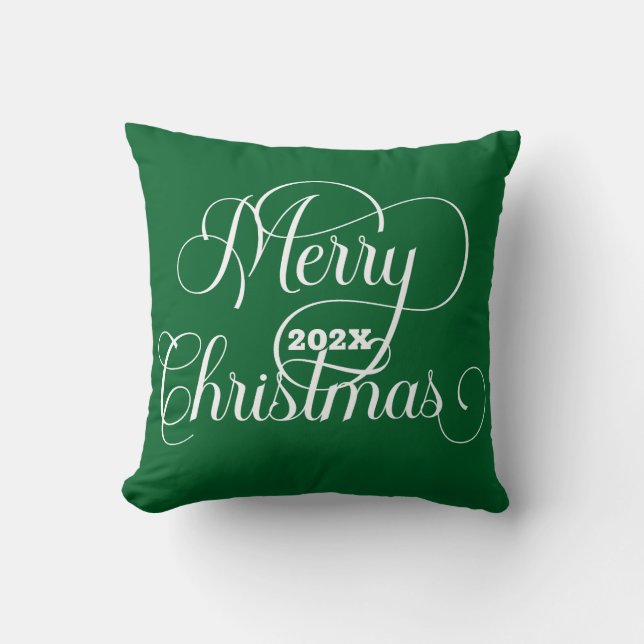 Merry Christmas White Typography On Green Cushion (Front)