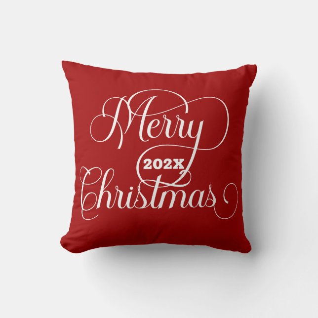 Merry Christmas White Typography On Red Cushion (Front)