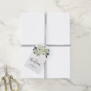 Merry Christmas White Watercolor Floral Custom Gift Tags