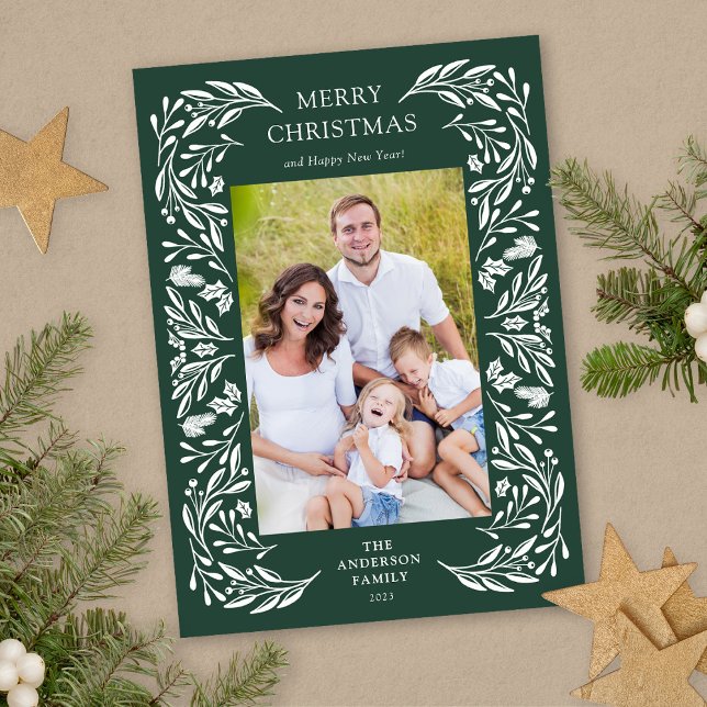 Merry Christmas White Winter Greenery Photo Holiday Card (Creator Uploaded)
