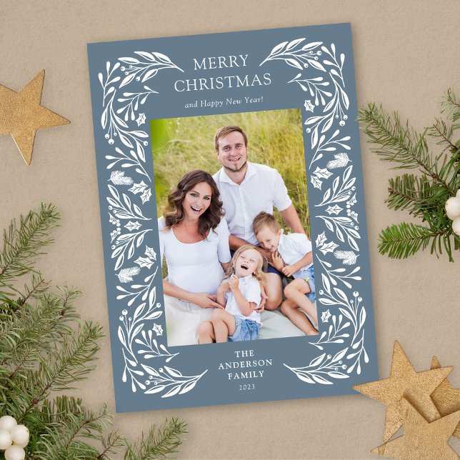 Merry Christmas White Winter Greenery Photo Holiday Card (Creator Uploaded)