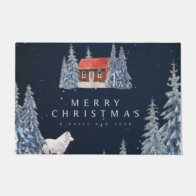 Merry Christmas White Wolf and Red Cabin Scene Doormat (Front)