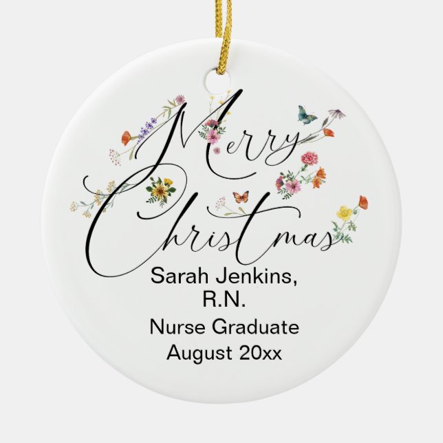 Merry Christmas Wild Flower R.N. Nurse Graduate Ceramic Tree Decoration (Front)