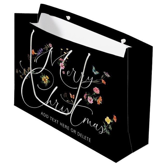 Merry Christmas Wild Flowers Holiday Black Modern Large Gift Bag (Front Angled)