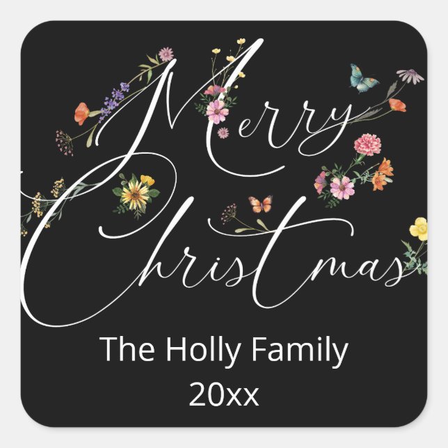 Merry Christmas Wild Flowers Holiday Black Modern Square Sticker (Front)