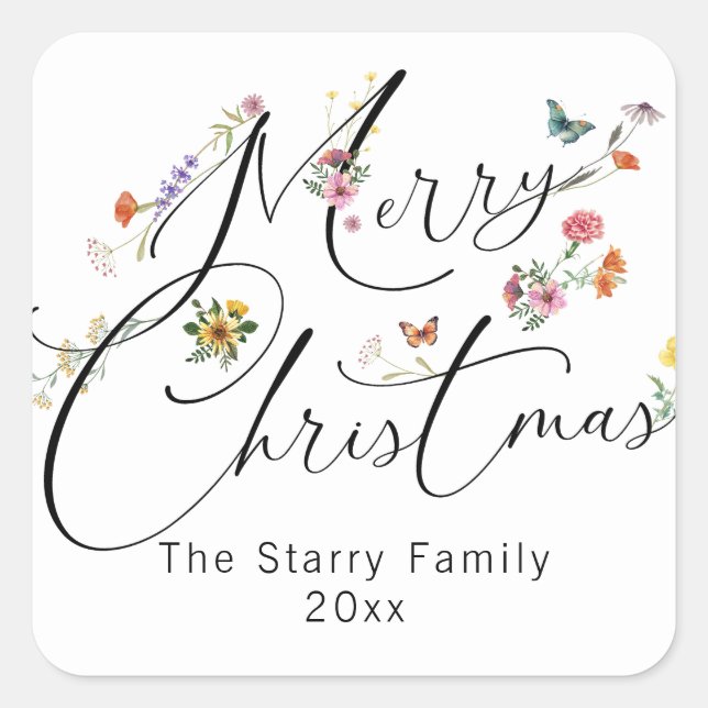 Merry Christmas Wild Flowers Holiday Modern Square Sticker (Front)