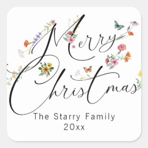 Merry Christmas Wild Flowers Holiday Modern Square Sticker