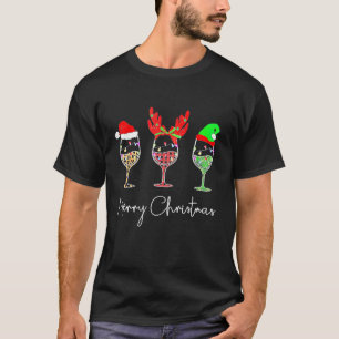 Merry Christmas Wine Glass Santa Hat Reindeer Plai T-Shirt