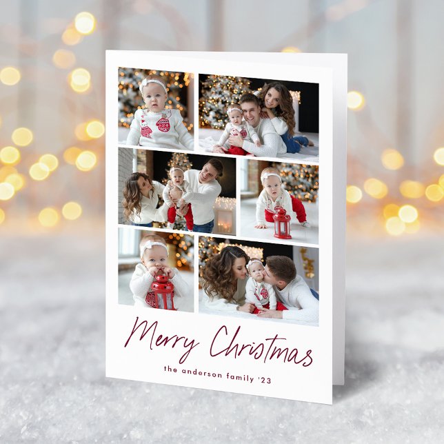 Merry Christmas Wine Script 6 Photo Collage Holiday Card (Creator Uploaded)